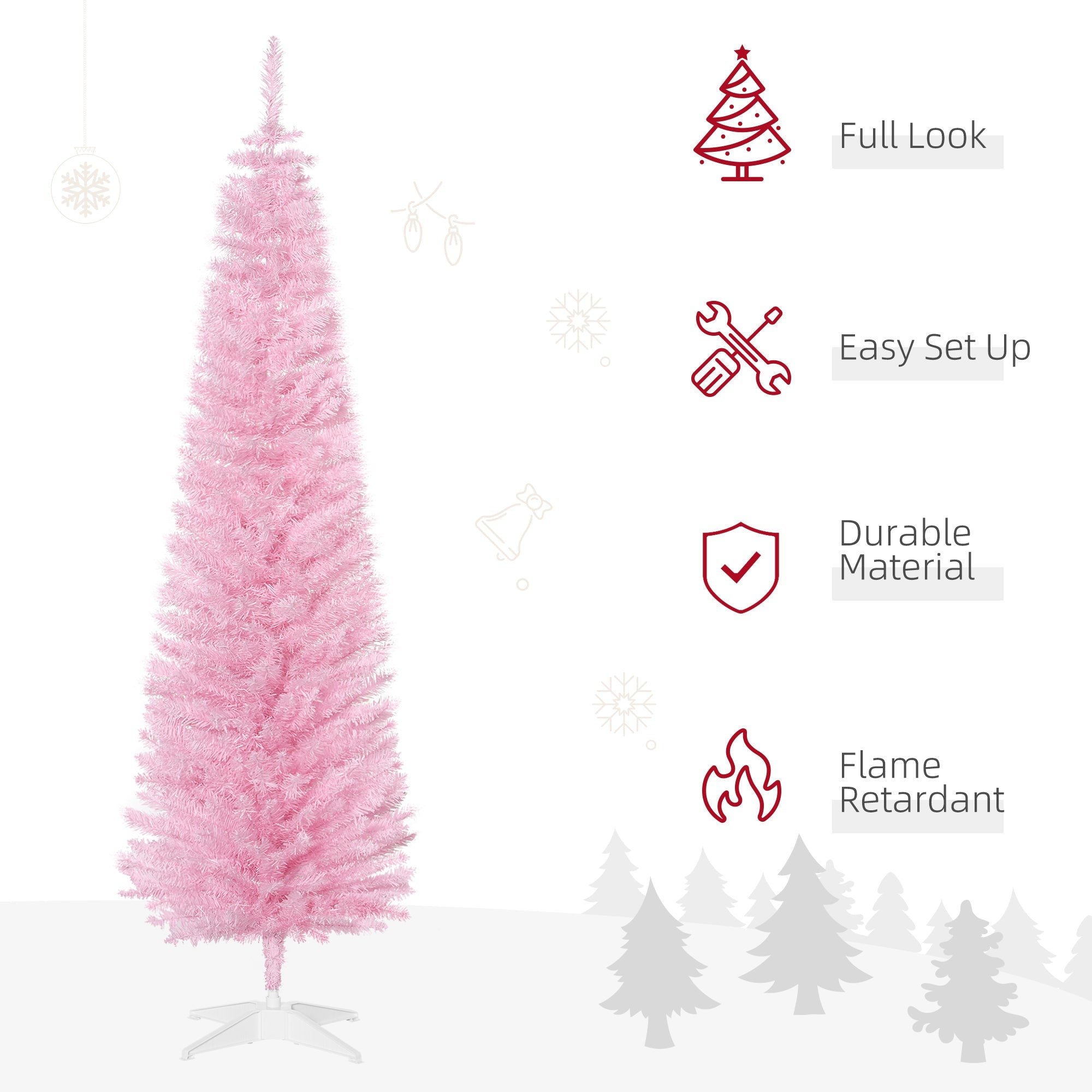 HOMCOM 6' Pencil Christmas Tree, Slim Artificial Xmas Tree with Realistic Branches, Sturdy Metal Stand, Pink