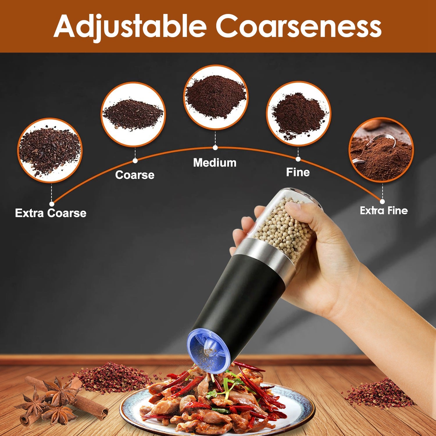 2Pcs Gravity Sensing Salt and Pepper Grinder Automatic Electric Salt Mill Grinder With Built-in LED Lights Adjustable Coarseness One Hand Operation Ba