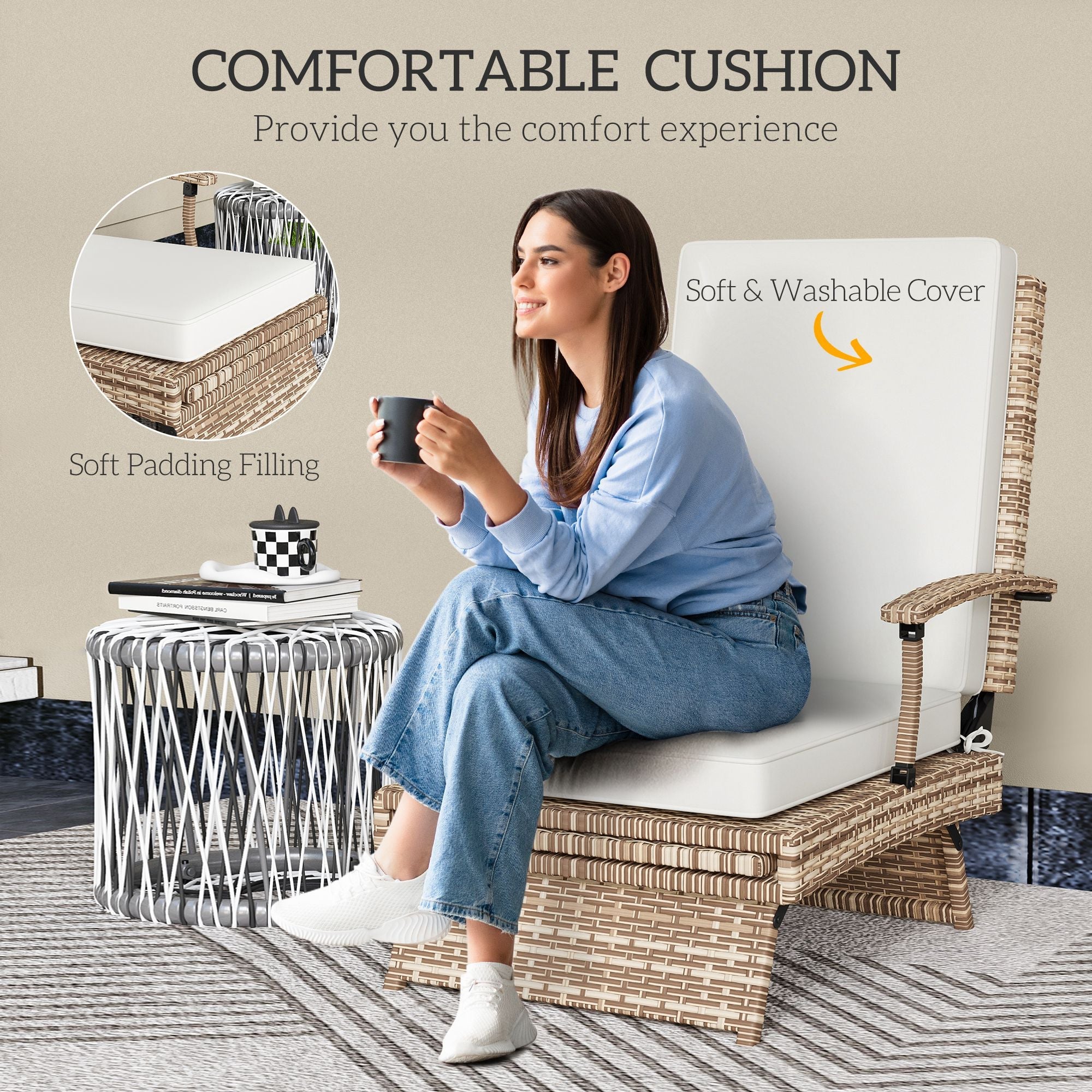 Outsunny Outdoor Wicker Foldable Recliner Chair with Retractable Footrest, Cushion, White