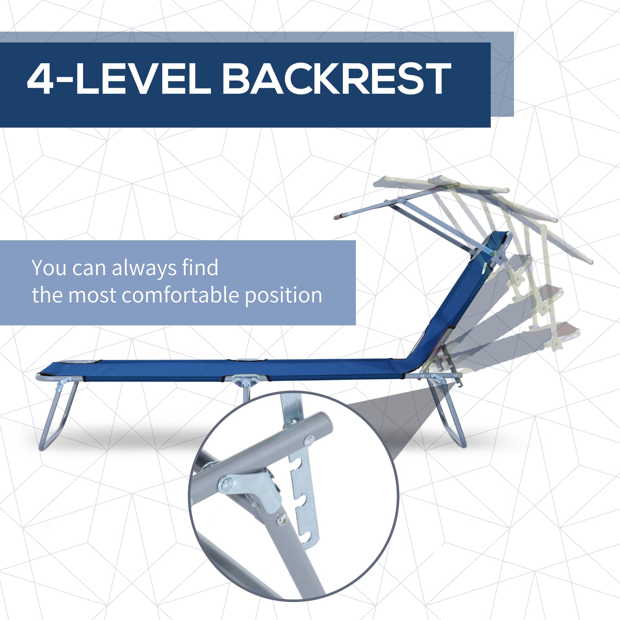 Outsunny Garden Chaise Lounge Adjustable Outdoor Camping Beach Bed with Sun Shade Portable Comfort Blue