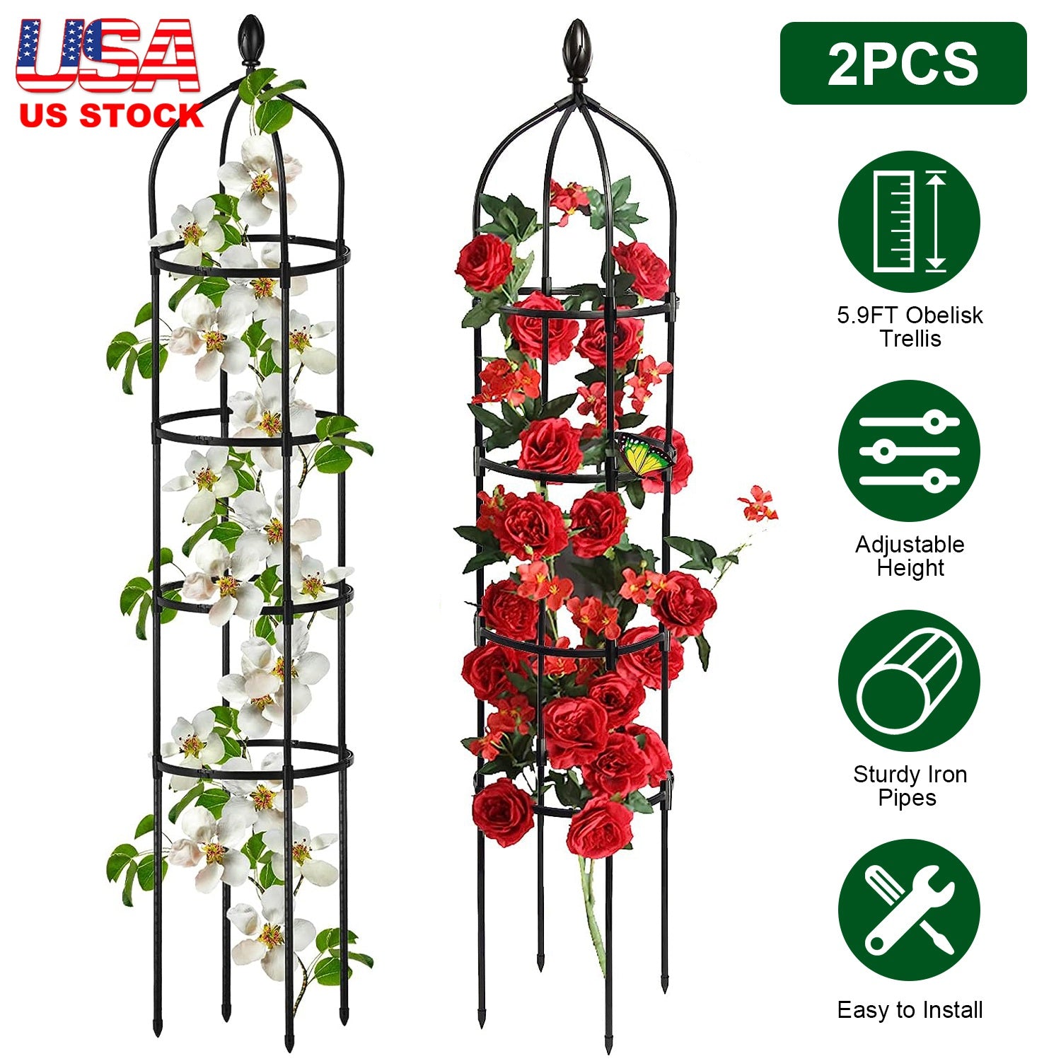 2 Packs Garden Obelisk Trellis 5.9FT Plants Tower for Climbing Plants Flower Vegetable Vine Support Rustproof Garden Plant Trellis Black