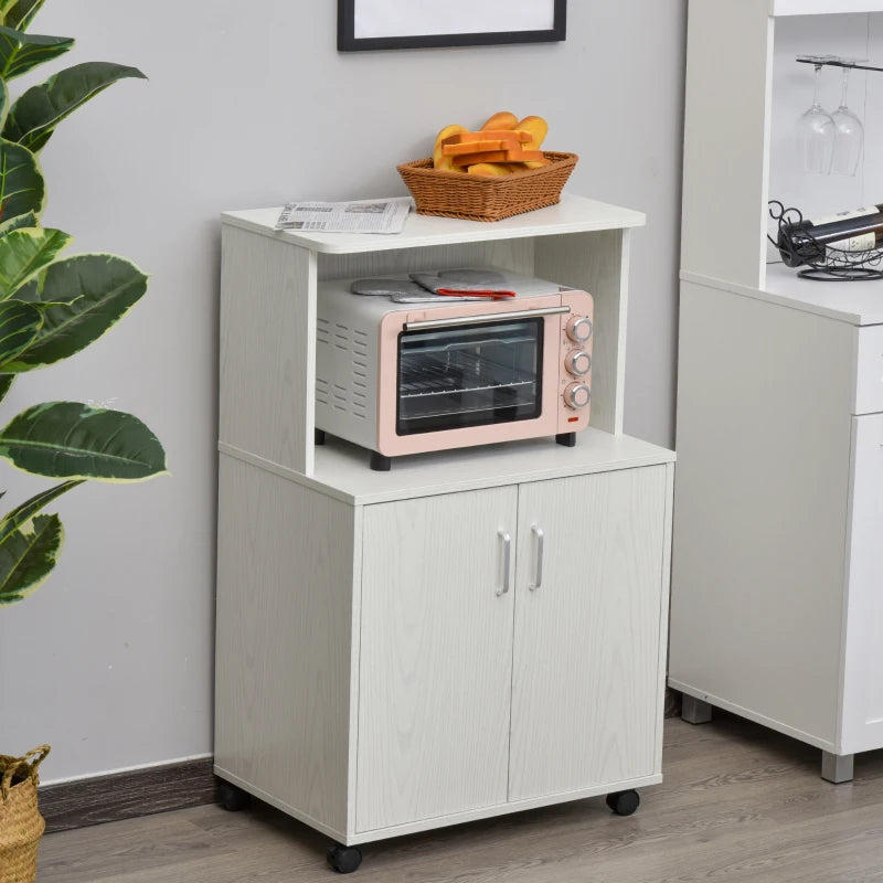 Microwave Cart on Wheels Utility Trolley Storage Sideboard Bookcase with 2-door Cabinet, White Oak