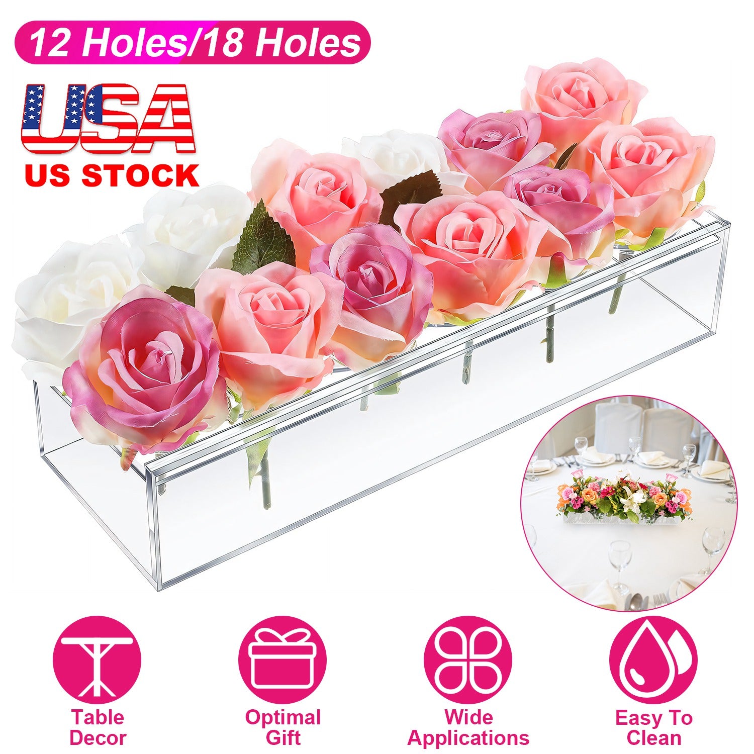 Clear Acrylic Flower Vase Rectangular Floral Centerpiece for Table Decoration Modern Flower Holder for Mother’s Day Valentine’s Day Wedding Party 12 H
