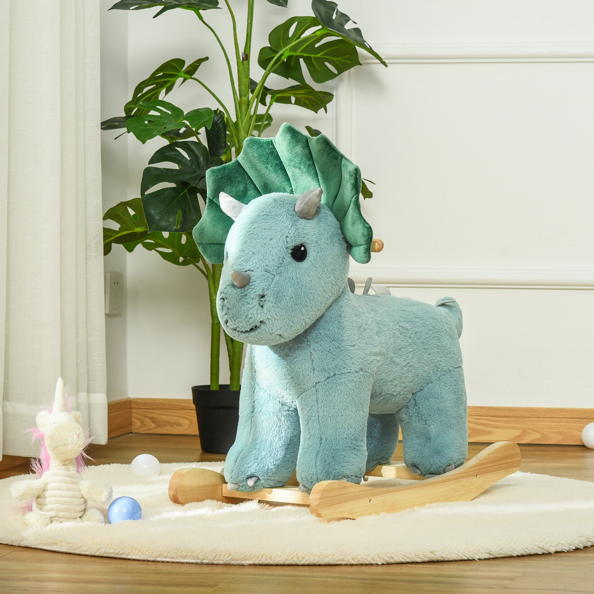 Qaba Triceratops Rocking Horse - Kids Plush Ride-On Toy with Realistic Sounds, Perfect for 36-72 Months, Dark Green