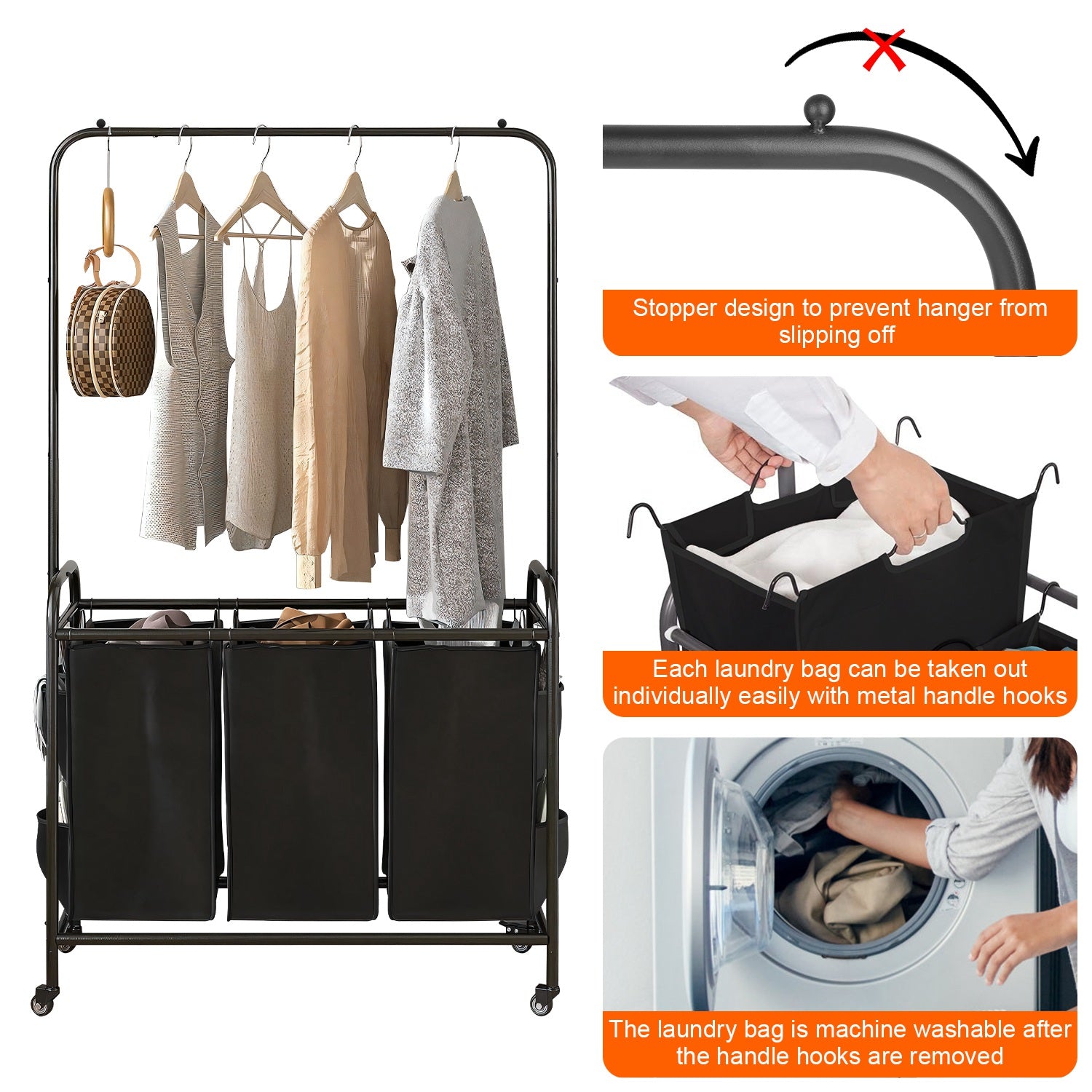 3 Bags Laundry Sorter with Garment Hanging Bar Laundry Hamper Rolling Cart Laundry Basket Organizer with Lockable Wheels 3 Removable Bags