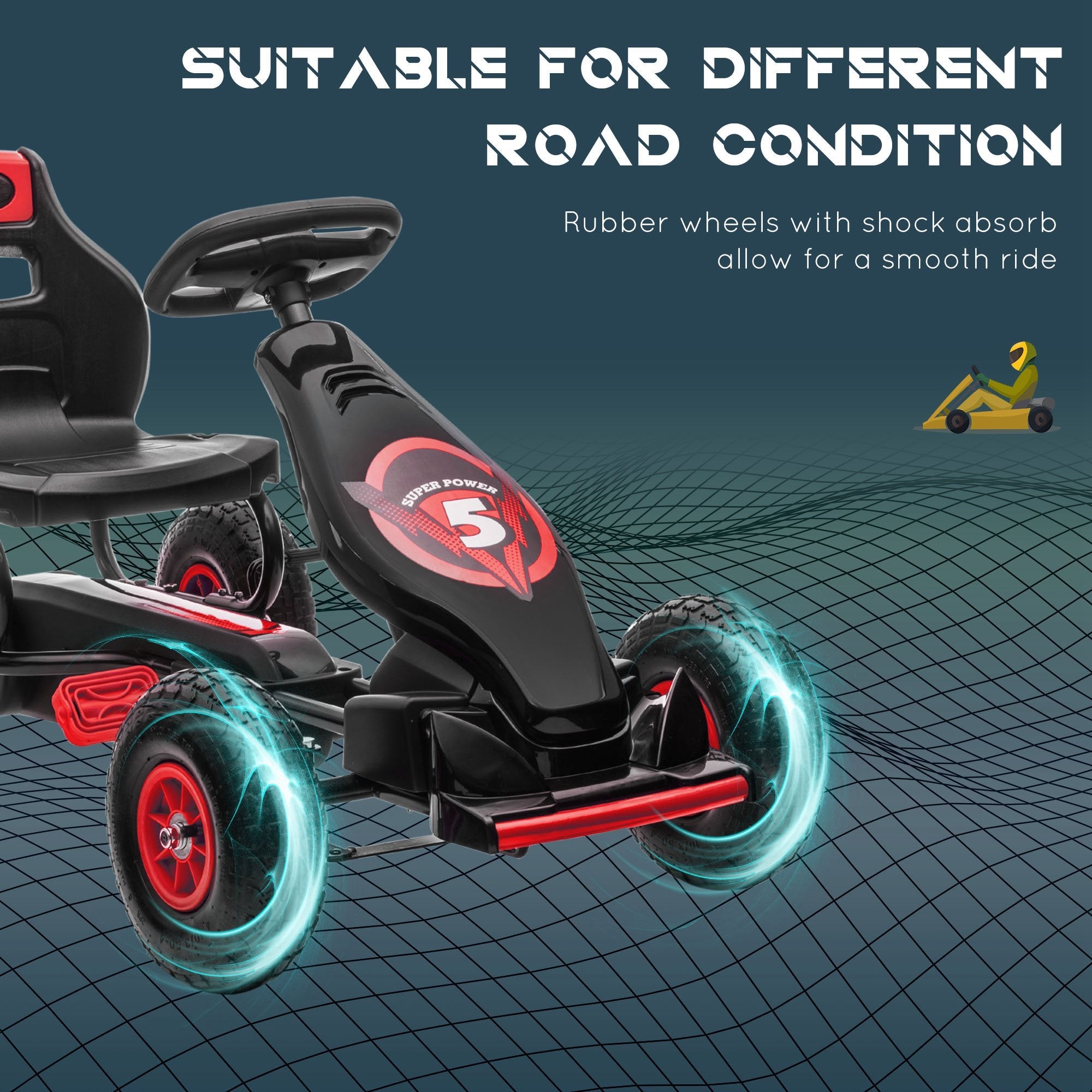 Aosom Kids Pedal Go Kart Ergonomic Adjustable Seat Rubber Wheels Shock Absorb Safety Hand Brake Ages 5-12 Red