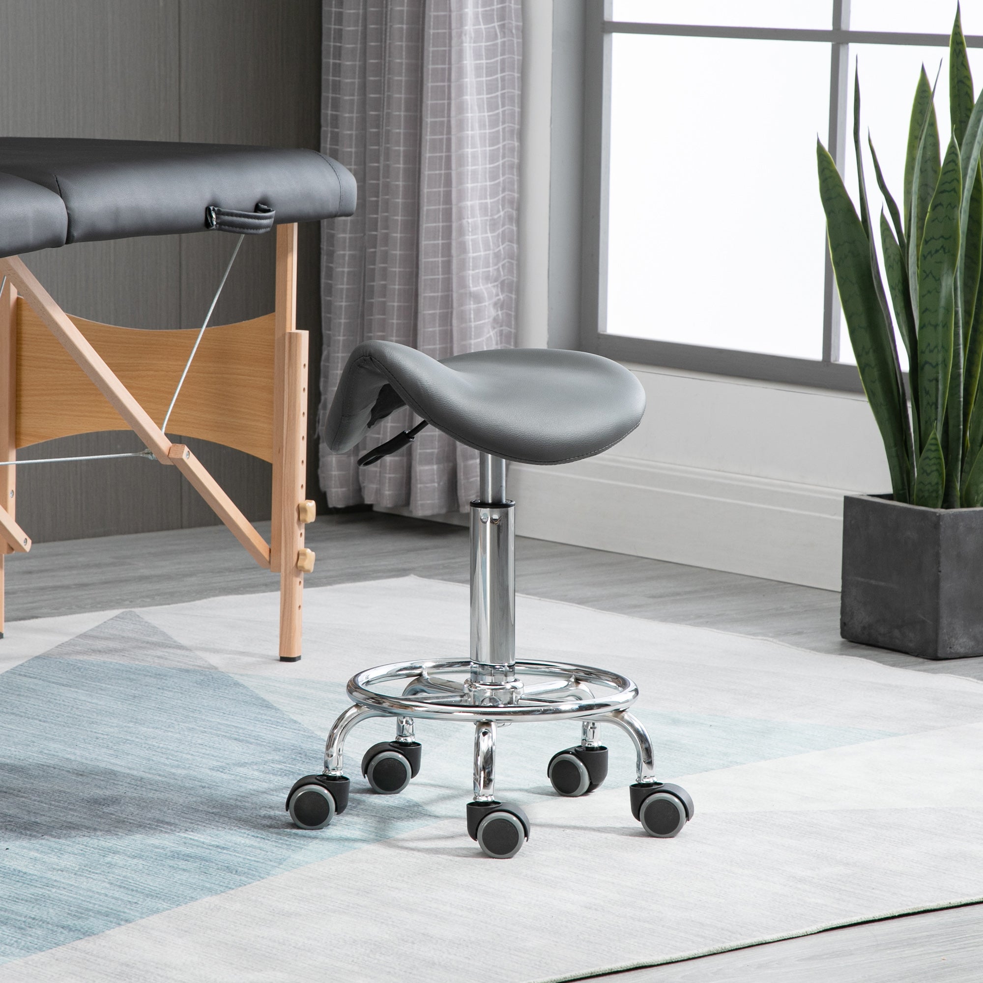 HOMCOM Saddle Stool PU Leather Adjustable Rolling Salon Chair Grey for Massage Spa Clinic Beauty Tattoo