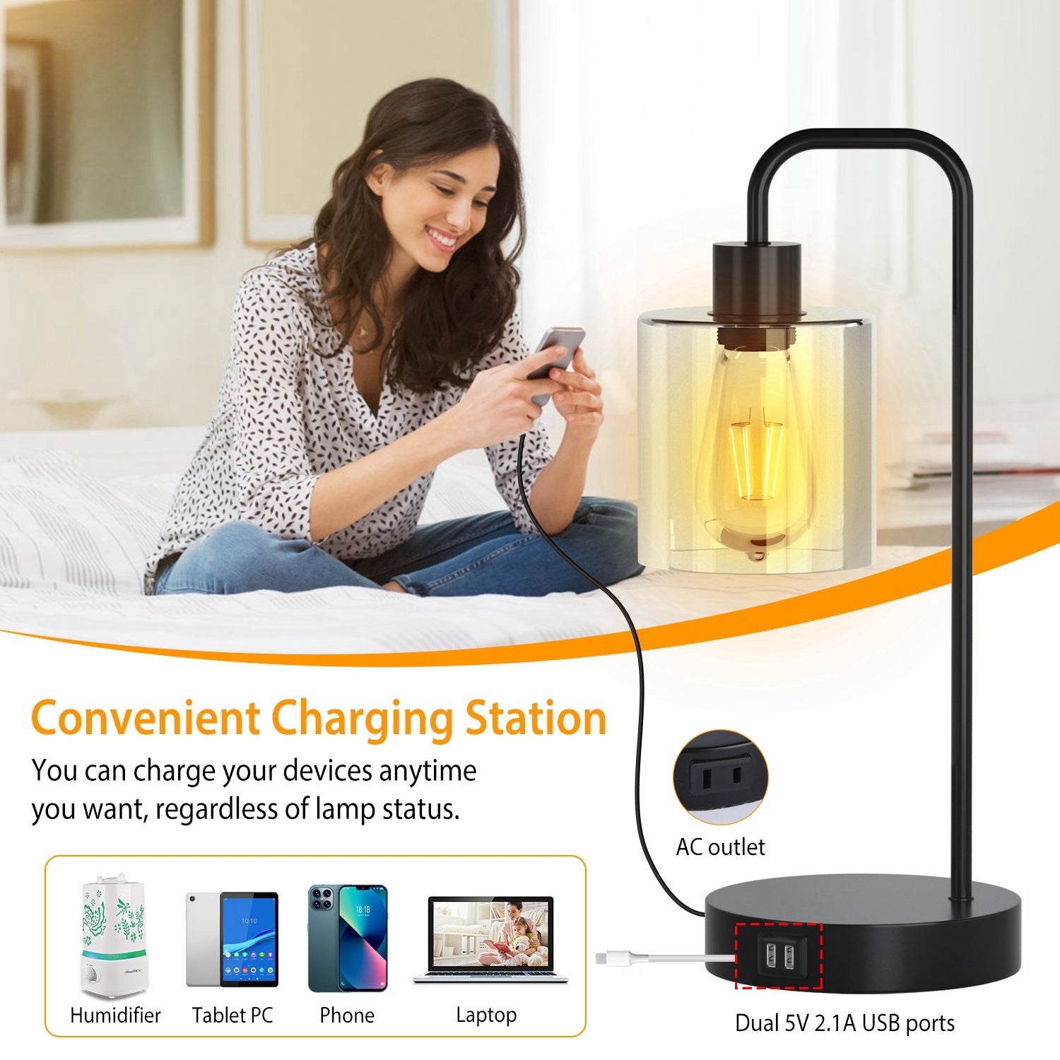 2Packs Touch Control Table Lamp 3-Way Dimmable Nightstand Reading Lamp With Glass Shade or Bedroom Living Room Dual USB Ports AC Power Outlet LED Bulb