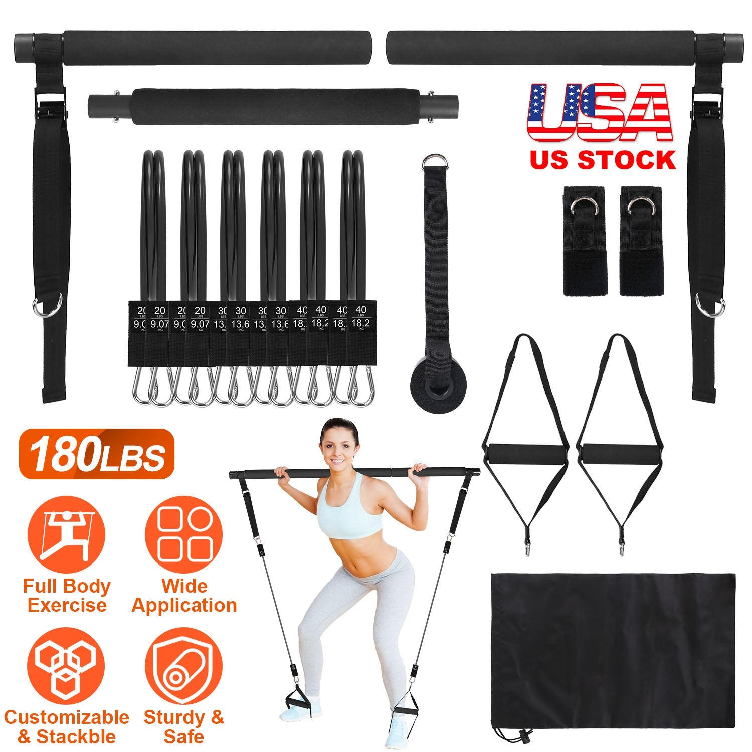 Pilates Bar Kit with 180LBS Resistance Bands Multifunctional Pilates Yoga Toning Bar Full Body Exercise Equipment Set for Beginners Intermediates Prof