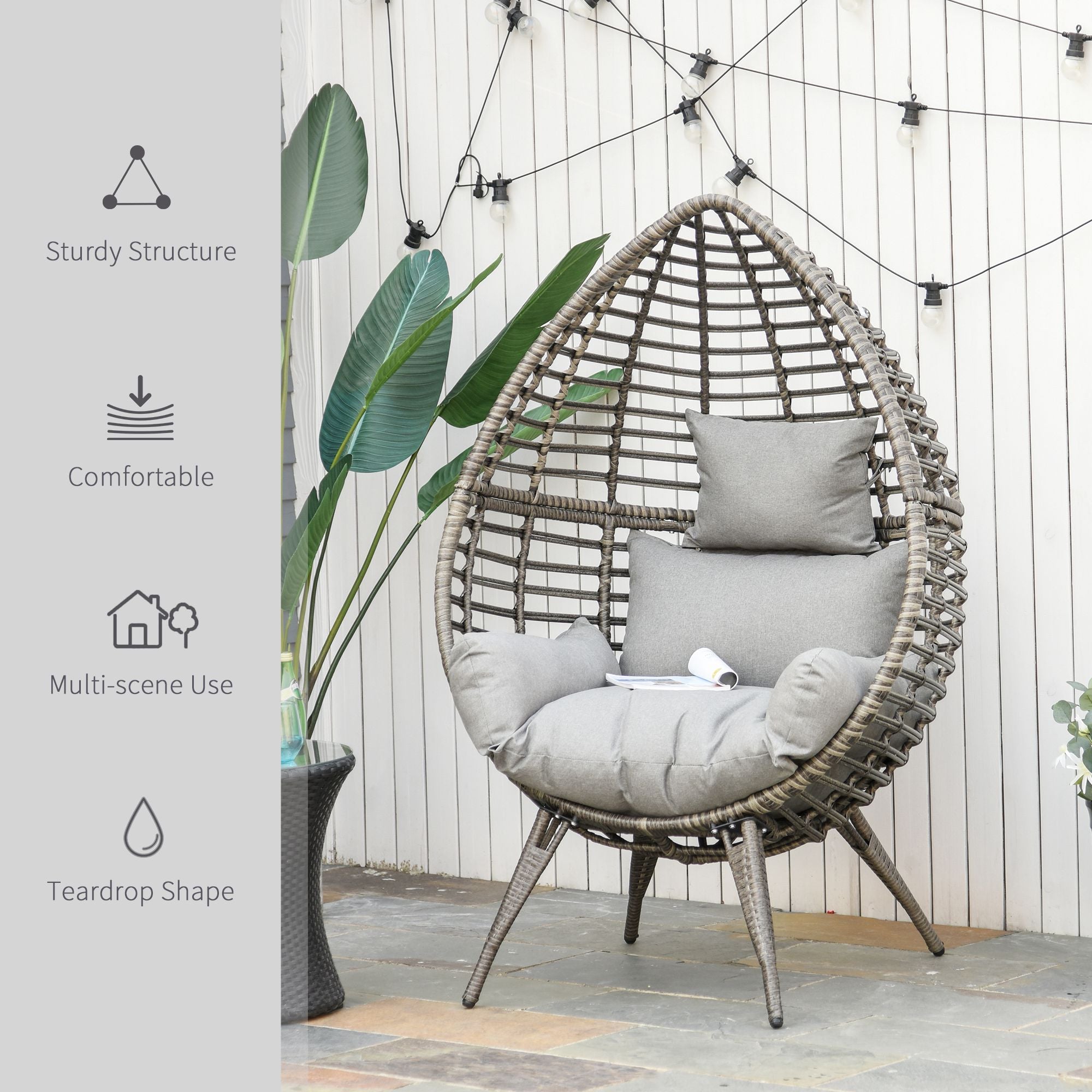 Outsunny Outdoor/Indoor Rattan Chair with Soft Cushion, Wicker Egg Lounge Chair for Backyard Garden Balcony Lawn, Grey