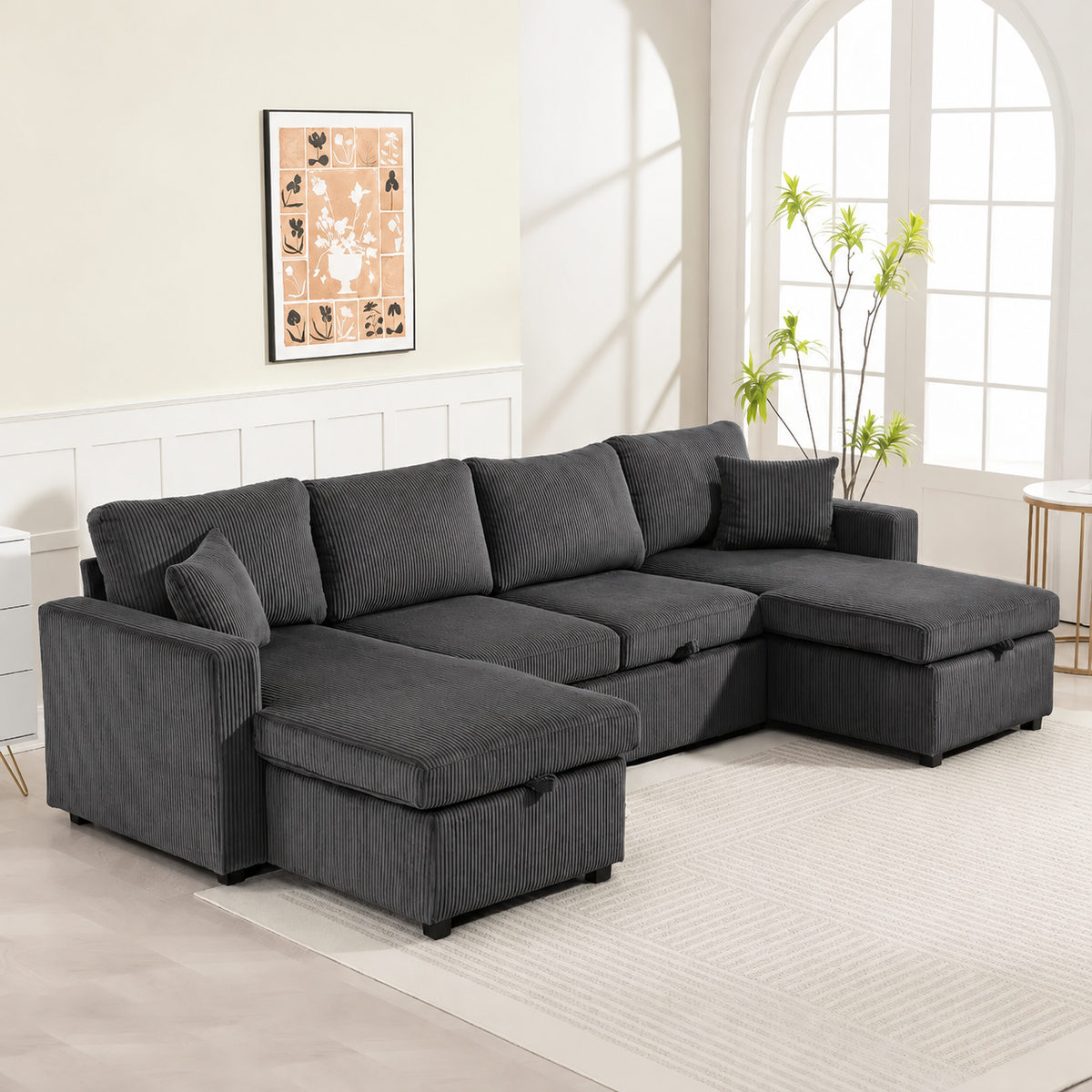 U-Shaped Pull-Out Sofa Bed with Dual Storage Chaise, Corduroy Sleeper Couch with Pillows, Dark Grey