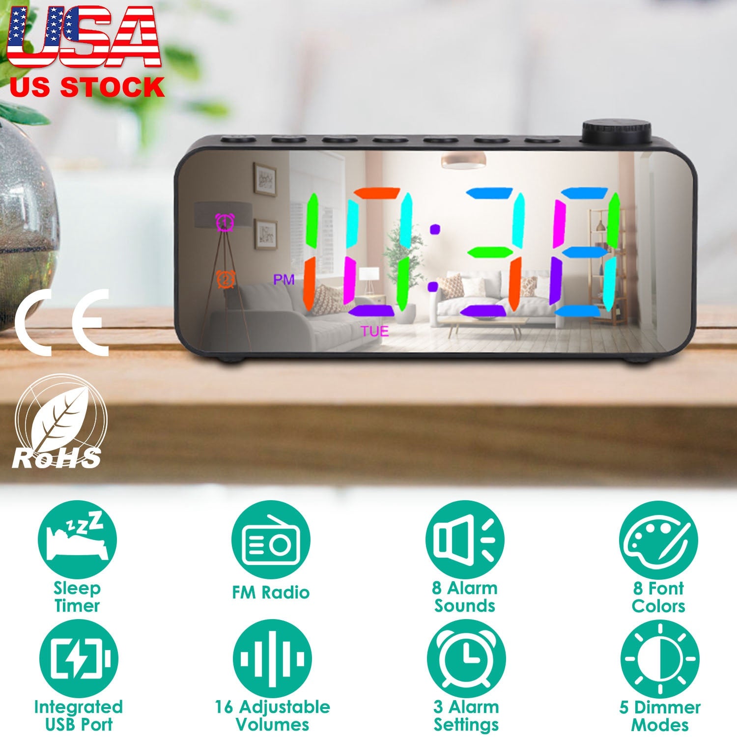 RGB Color LED Digital Alarm Clock Electric Alarm Clock with 8 Alarm Sounds 8 Font Colors 16 Adjustable Volumes 5 Dimmer Modes 3 Alarm Settings Mirror