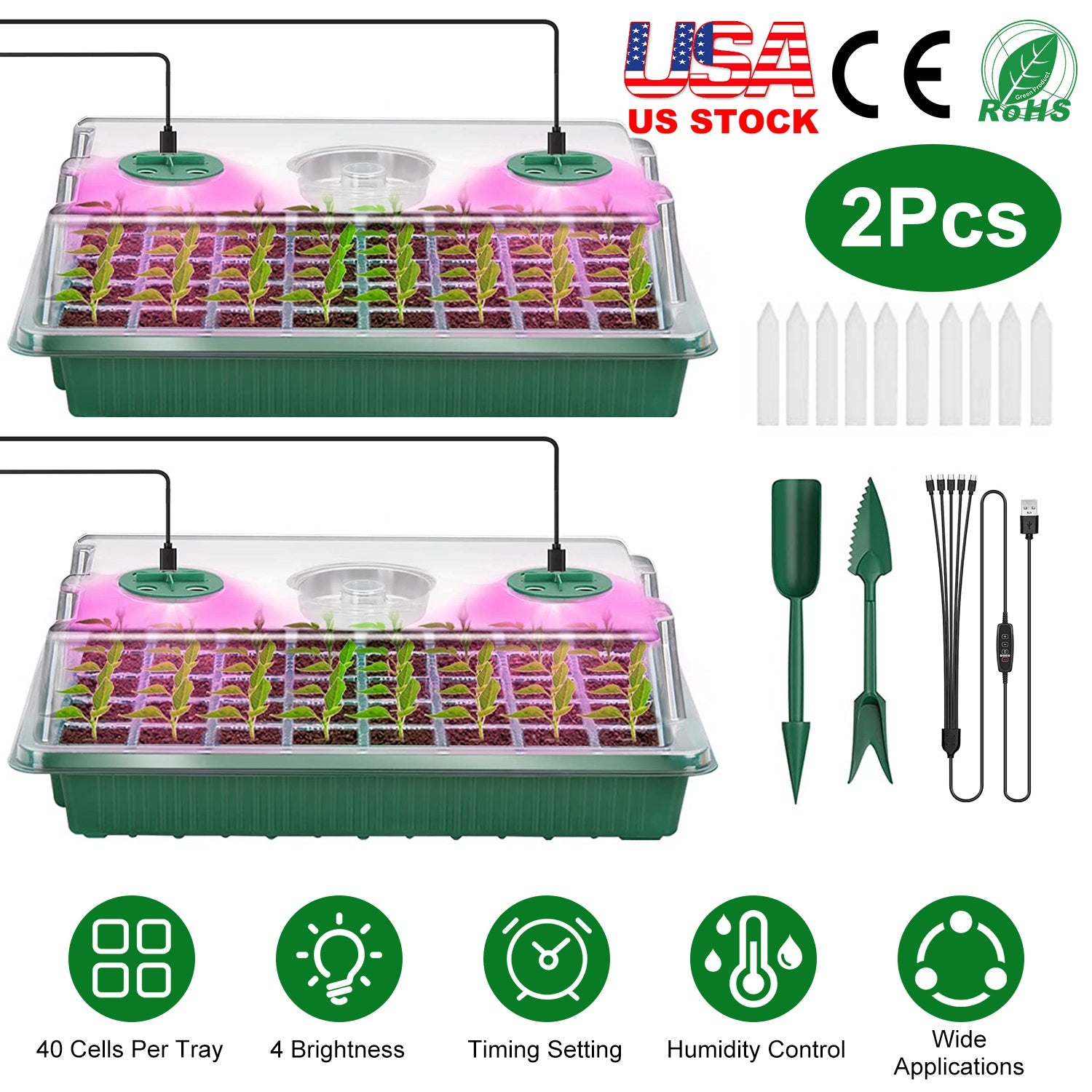 2Pcs 40 Cells Seed Starter Tray Plant Grow Light with 4 Adjustable Brightness Automatic Timing Setting Humidity Dome Plant Germination Garden