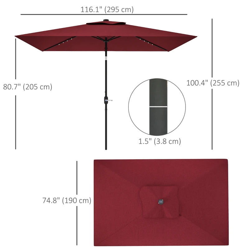 6' x 10' Patio Umbrella with 22 LED Solar Lights and Tilt, Rectangular Outdoor Table Umbrella with Crank, Wine Red