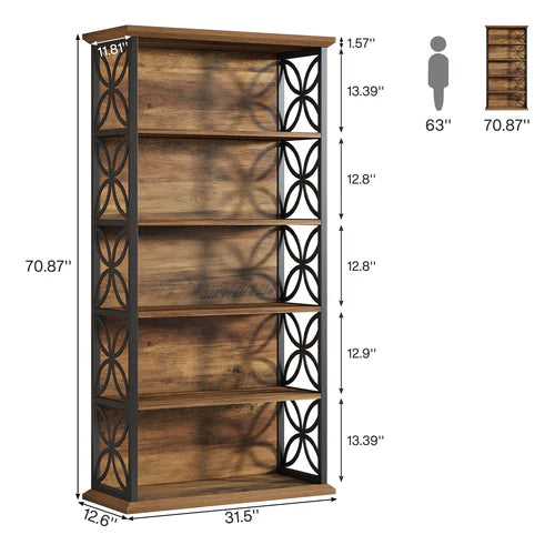 Bookshelf 71" Industrial 6-Tier Bookcase with Open Storage Shelves and Metal Frame Rustic Brown & Black