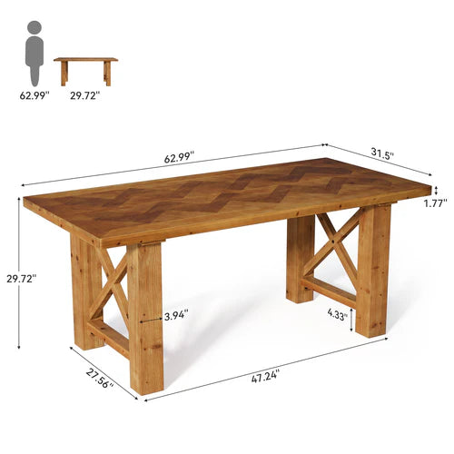 Computer Desk 63" Solid Wood Herringbone Parquet Top Executive Office Desk Brown