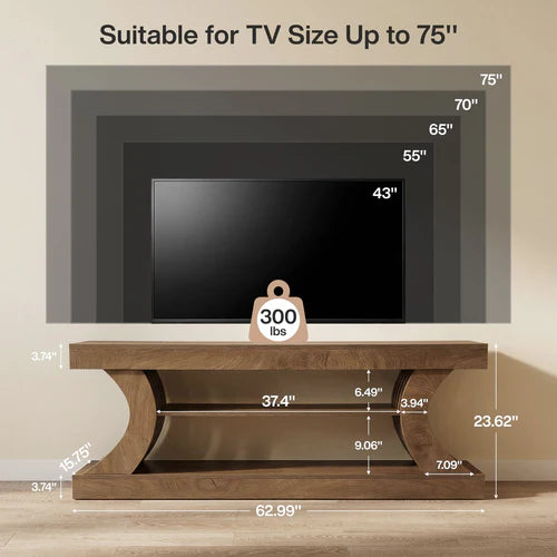 TV Stand 63" Entertainment Center with 3-Tier Storage Shelf for TVs up to 75" with Curved Side Supports and Open Shelves Brown