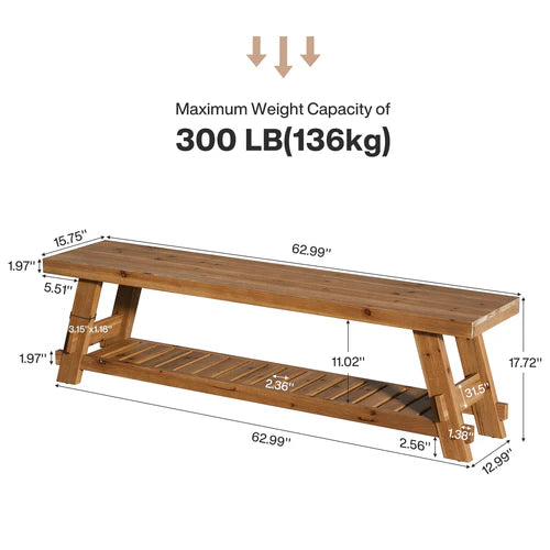 63" Solid Wood Shoe Bench 2-Tier Entryway Bench with Storage Shelf Heavy Duty Seating for Hallway Living Room Rustic Brown