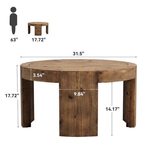Coffee Table 31.5" Round Solid Wood Center Cocktail Tea Table Rustic Brown
