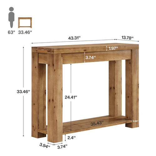 43.31" Solid Wood Console Table 2-Tier Farmhouse Narrow Entryway Sofa Table with Thick Top for Living Room Hallway Rustic Natural