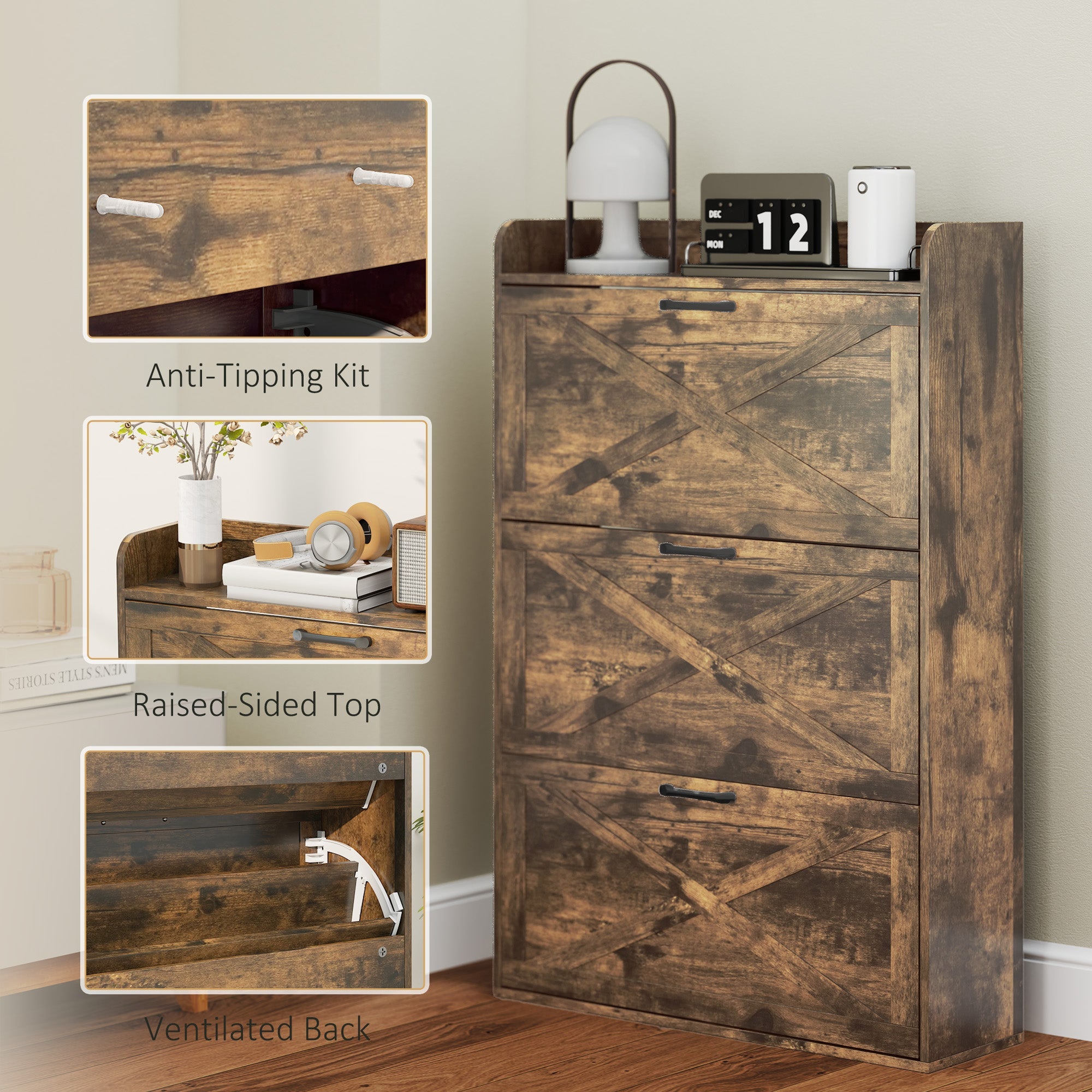 HOMCOM Narrow Shoe Storage Cabinet Farmhouse Shoe Cabinet with 3 Flip Drawers Adjustable Shelves for Entryway Rustic Brown