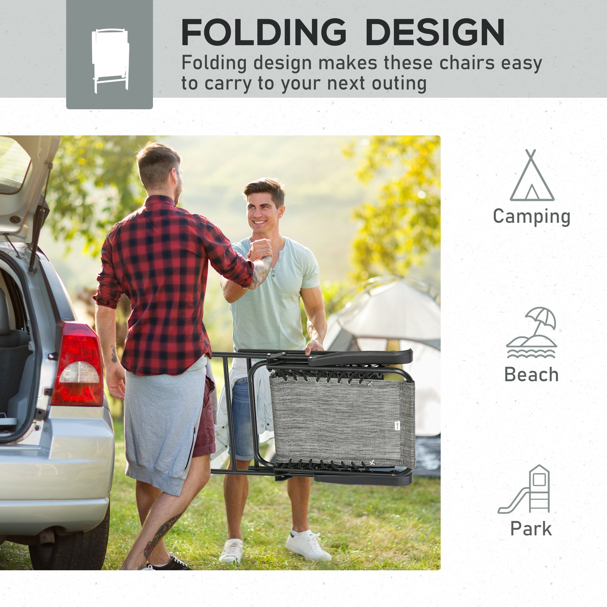 Outsunny Portable Patio Perfection: Folding Chairs 2pc Set with Armrests, Outdoor Camping, Garden, Beach Seating in Grey