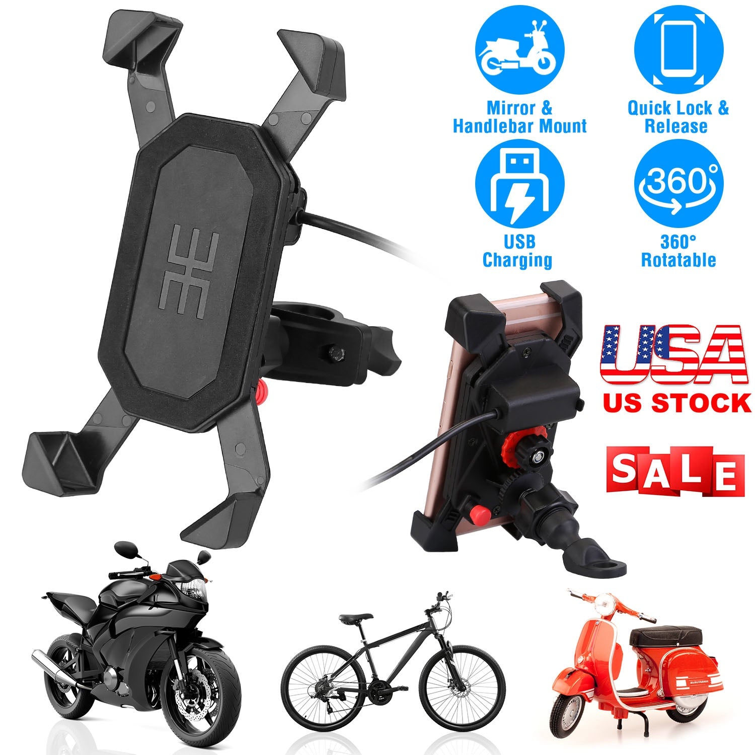 Handlebar Mirror Mobile Phone Holder Bicycle Bike Motorcycle Bracket Mount for 4in-6.5in Screen USB Rechargeable