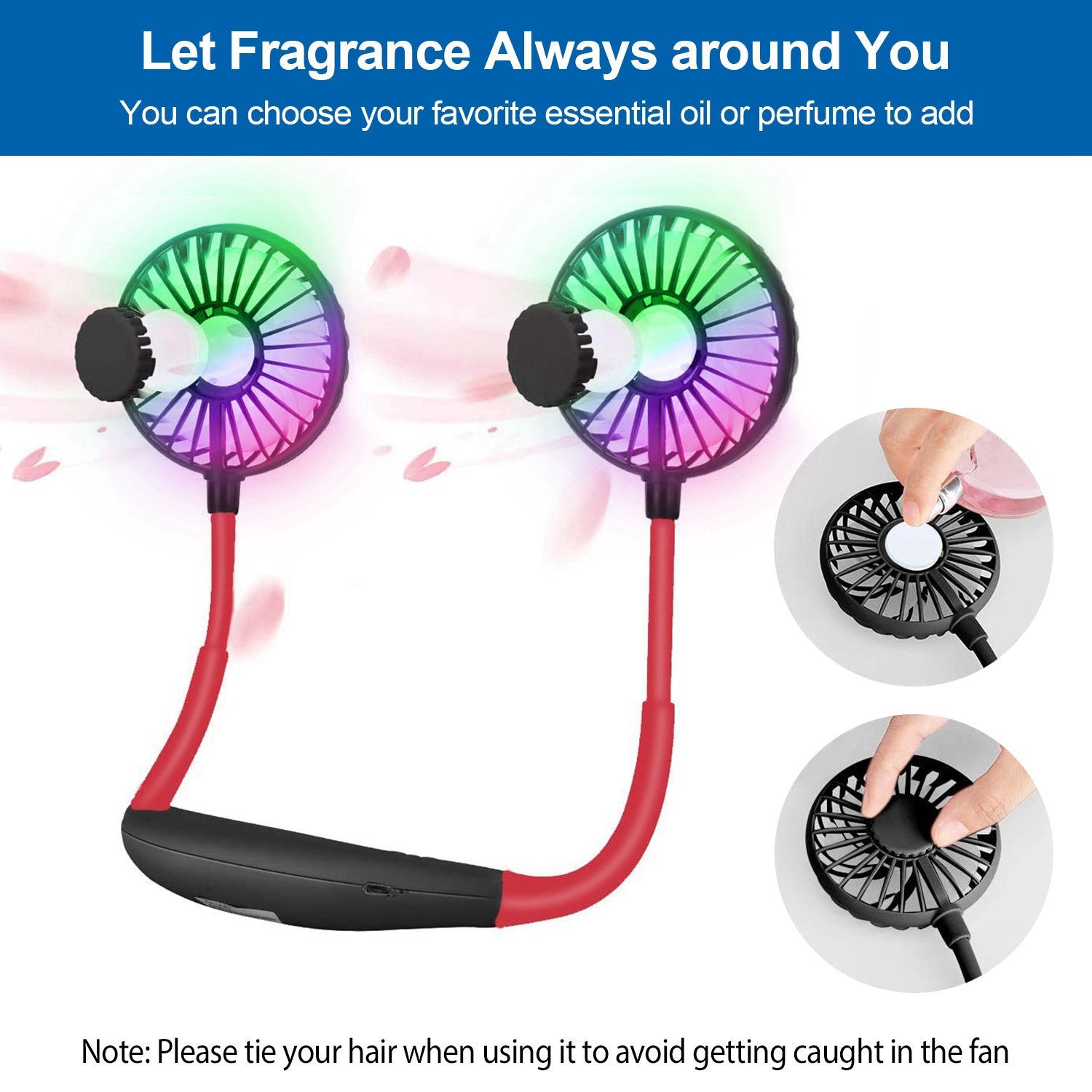Neck Hanging Fan Hand Free Portable Aromatherapy USB Fans 360°Rotatable Rechargeable Dual Cooling Fans w/Color Changing Led