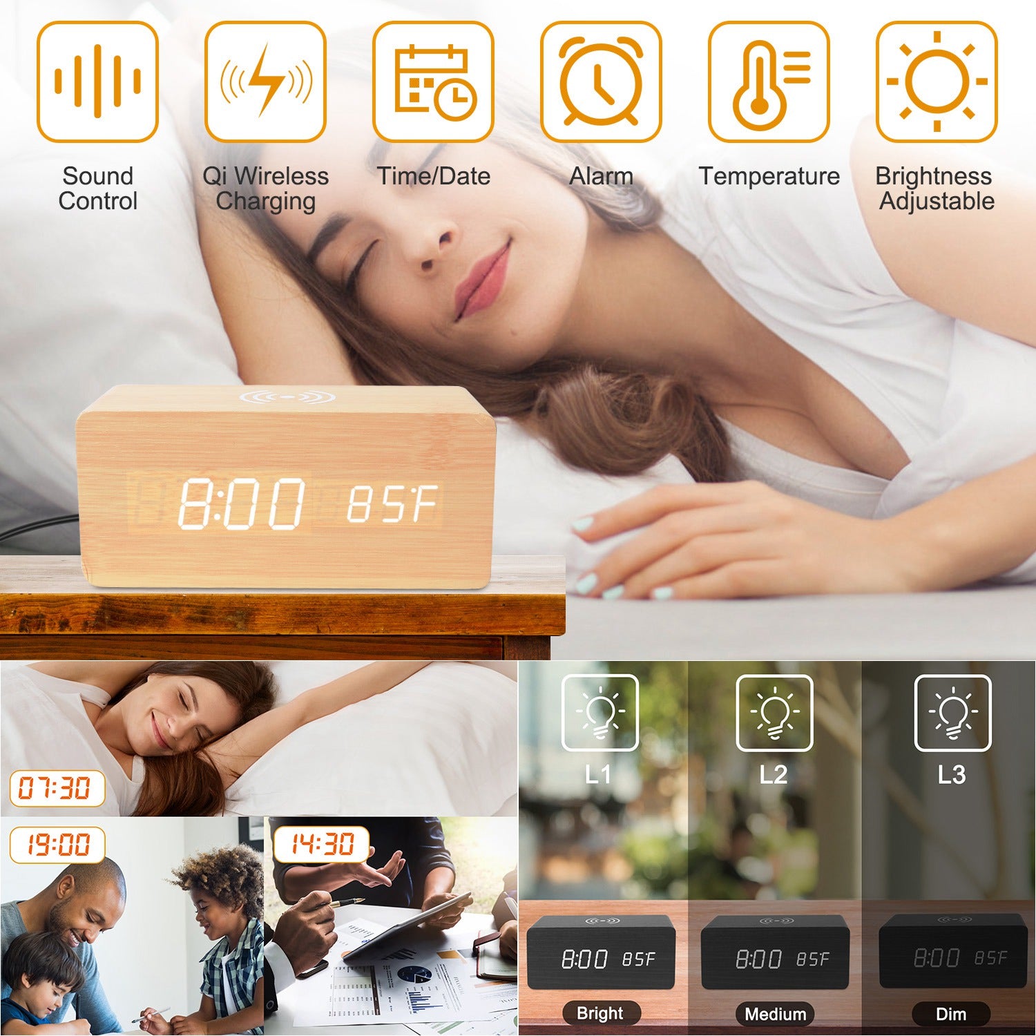 Digital Alarm Clock Qi-Wireless Charger Time Temperature Calendar Display Clock w/ Voice Control Brightness Adjustment (Bamboo Color)