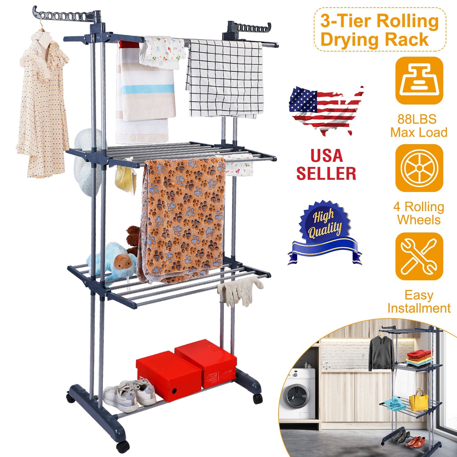Clothes Drying Rack Rolling Collapsible Laundry Dryer Hanger Stand Rail Shelve
Wardrobe Clothing Drying Racks w/ Dual Side Wings