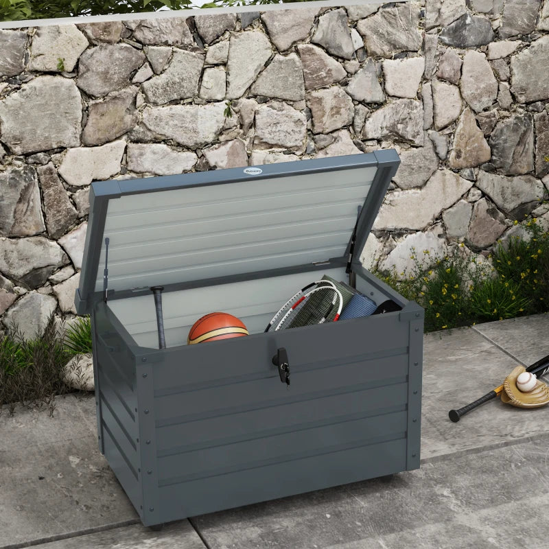 78 Gallon Garden Storage Box, Waterproof Outdoor Storage Container with Wheels and Handles, Dark Grey