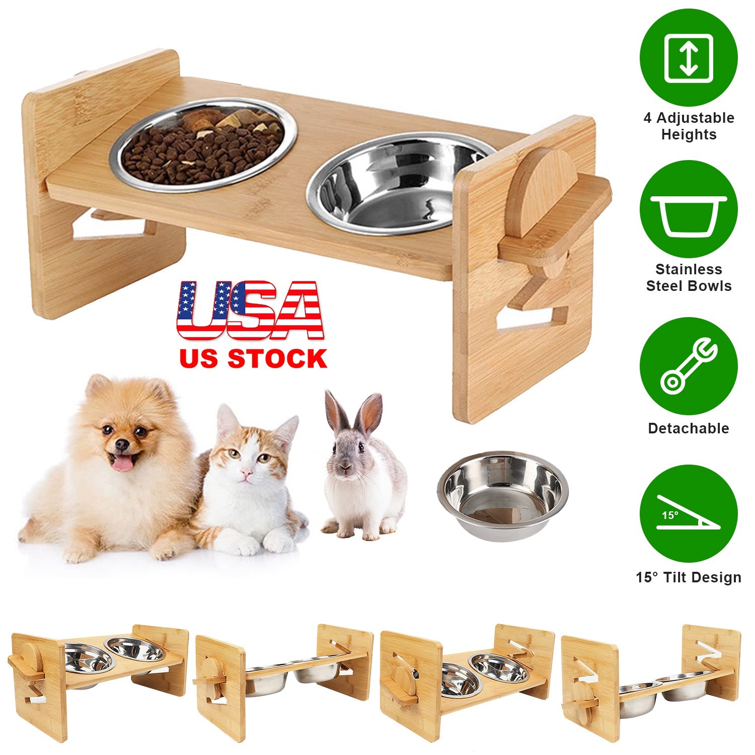 Bamboo Double Dog Raised Bowls 15° Tilt Elevated Dog Bowls with 4 Adjustable Heights 2 Stainless Steel Bowls Pet Feeder for Dogs Cats Rabbits