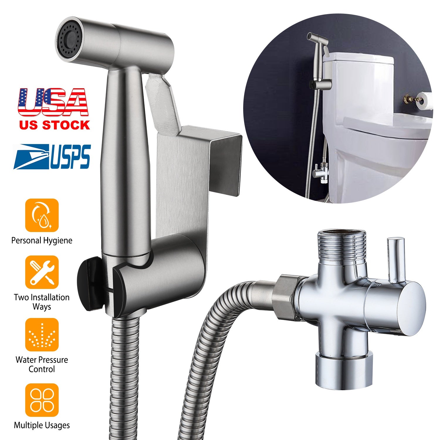 Handheld Bidet Sprayer Stainless Steel Bathroom Shower Toilet Bidet Sprayer Baby Cloth Diaper Sprayer Kit w/ Hose Brass Valve For Personal Hygiene Toi