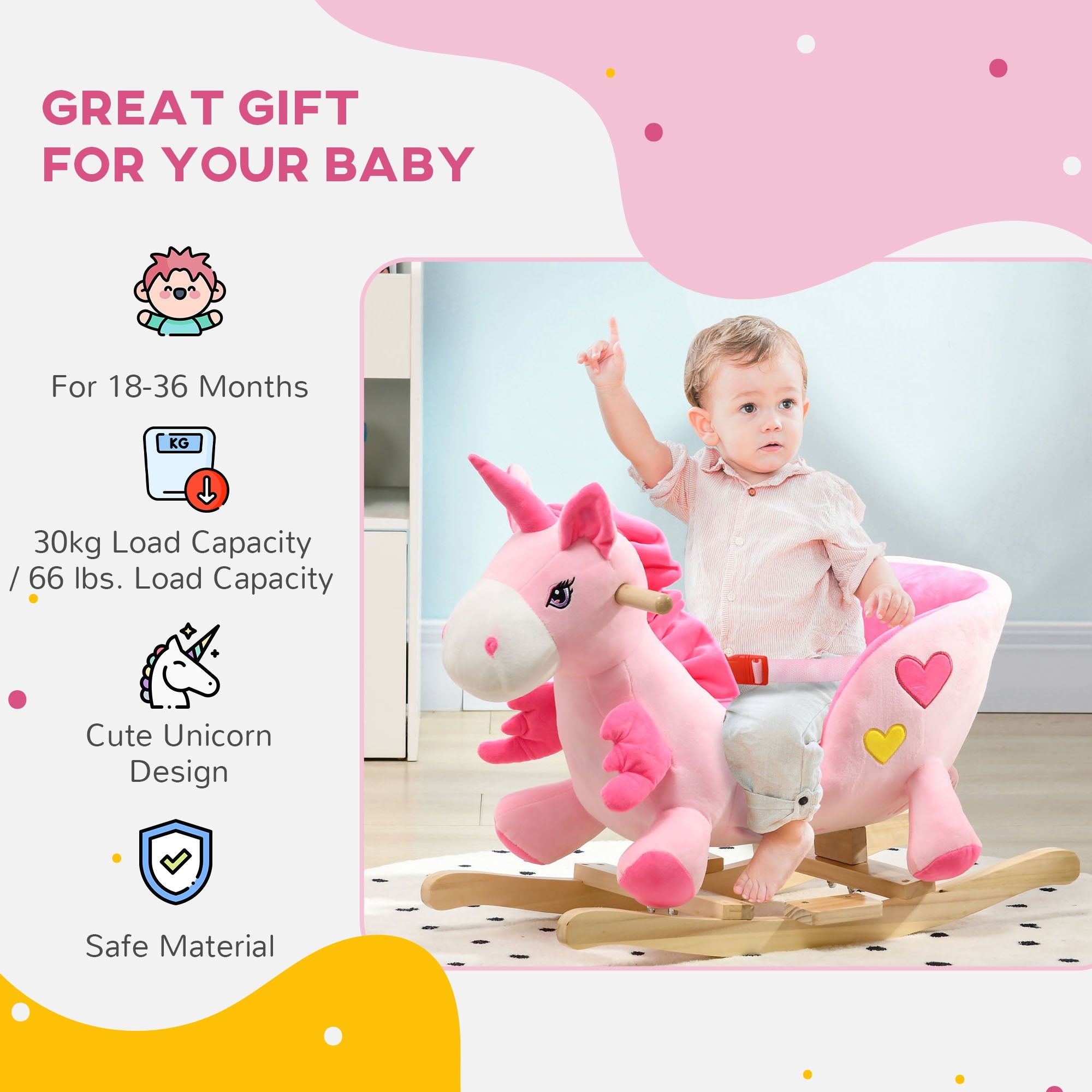 Qaba Rocking Unicorn for Babies - Ride On Horse with Songs, Toddler Rocker with Safety Belt, 1.5-3 Years, Pink