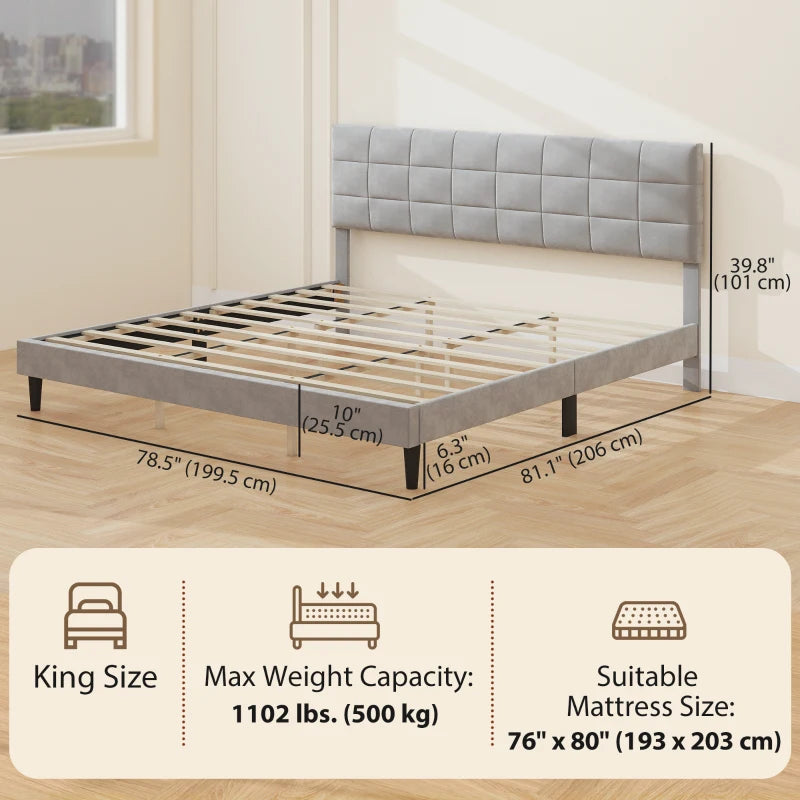 King Size Bed Frame with Upholstered Headboard, Modern Platform Bed Frame with Wood Slats, 1100 lbs Capacity, Grey