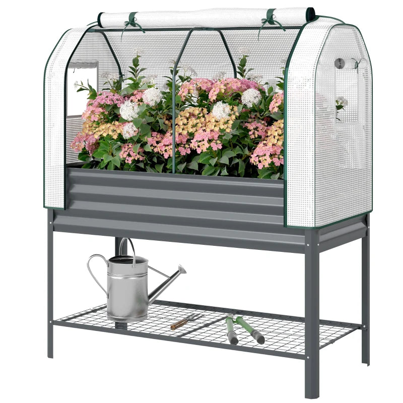 Galvanised Raised Garden Bed with Greenhouse Cover, Metal Elevated Planter Box with Bed Liner, Bottom Shelf, Dark Grey