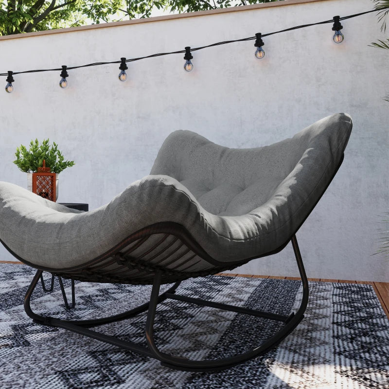Outdoor Rocking Chair, Oversized Patio Egg Chair with Padded Cushion, Rattan Wicker for Indoor, Backyard, Dark Grey