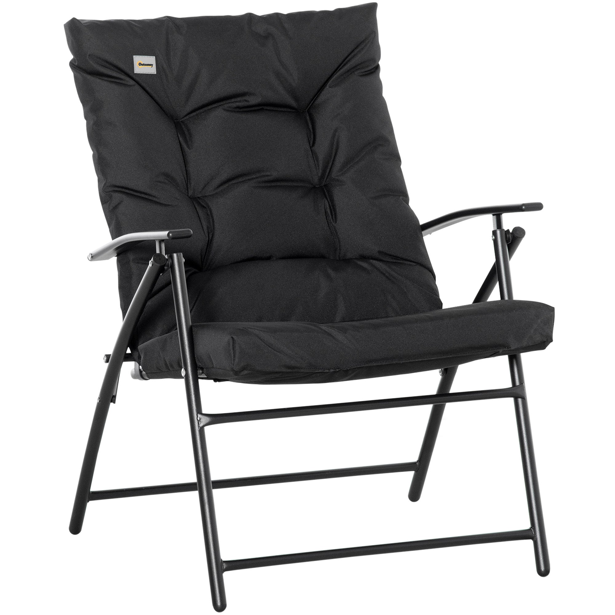 Outsunny Foldable Lounge Chair Fabric Upholstered Recliner Black Outdoor Lounger with Armrest Metal Frame Camping Beach Chair