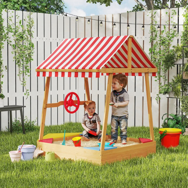 Qaba Wooden Kids Sandbox with Cover, 4 Seats, Rudder, Deck, Bottom Liner, 52" x 40" x 55.5", for Ages 3-8, Yellow