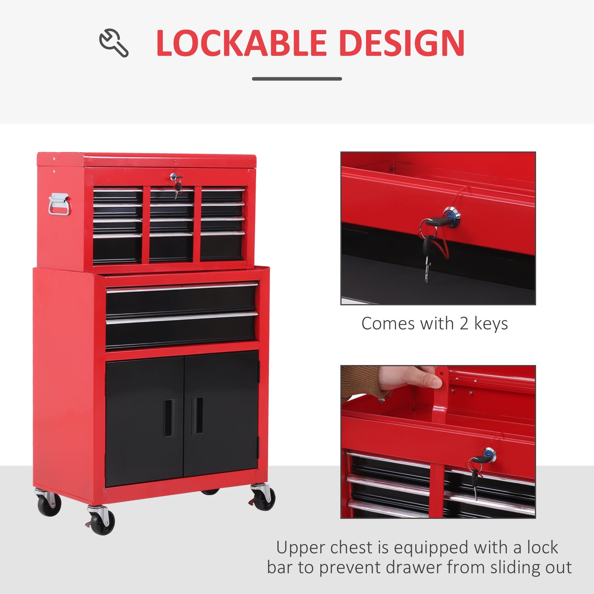HOMCOM Mobile Tool Chest Rolling Cabinet with Wheels 6-Drawer Storage Detachable Organizer Lockable Combo for Workshop Garage Black