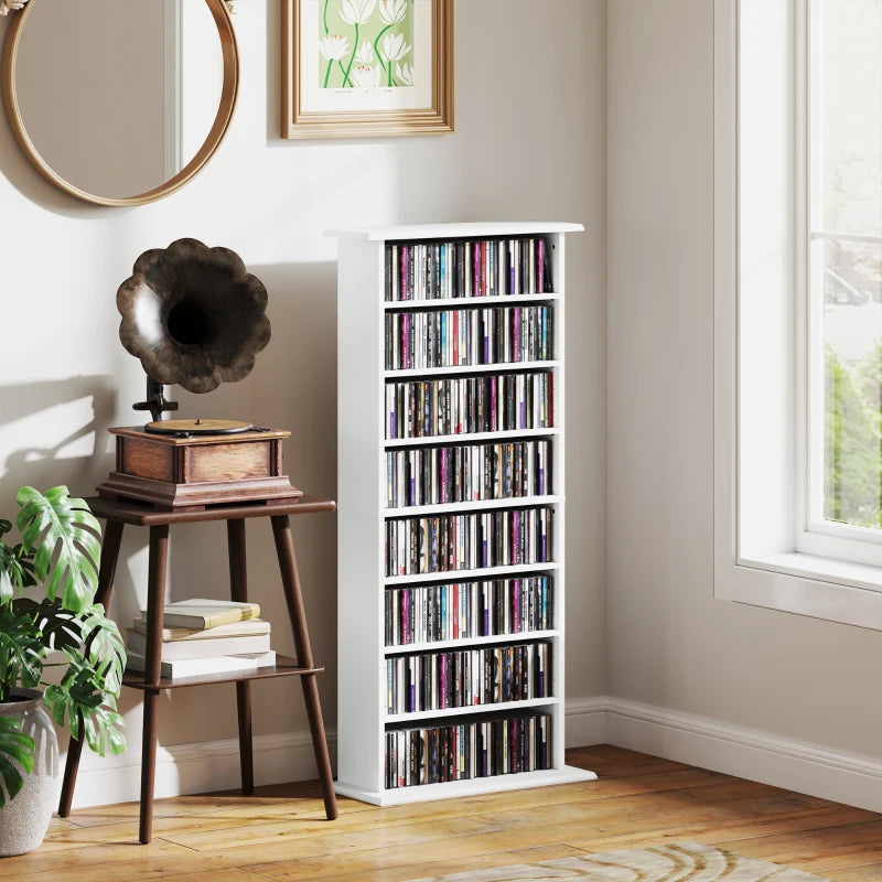 8-Tier DVD Shelf with 6 Adjustable Shelves, Slim CD Shelf, Holds 360 CDs, 185 DVDs or 185 Blu-rays, White