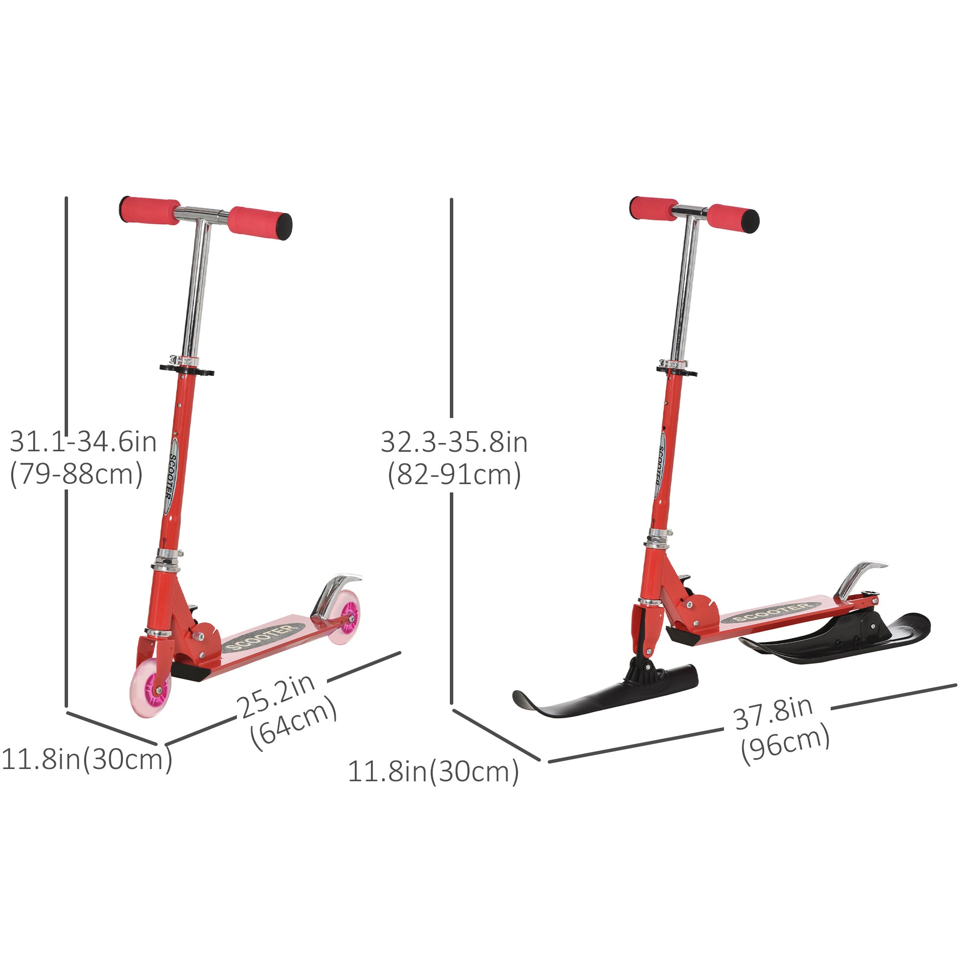 Qaba 2-in-1 Red Scooter for All Seasons - Convertible Street & Snow Scooter with Wheels & Blades