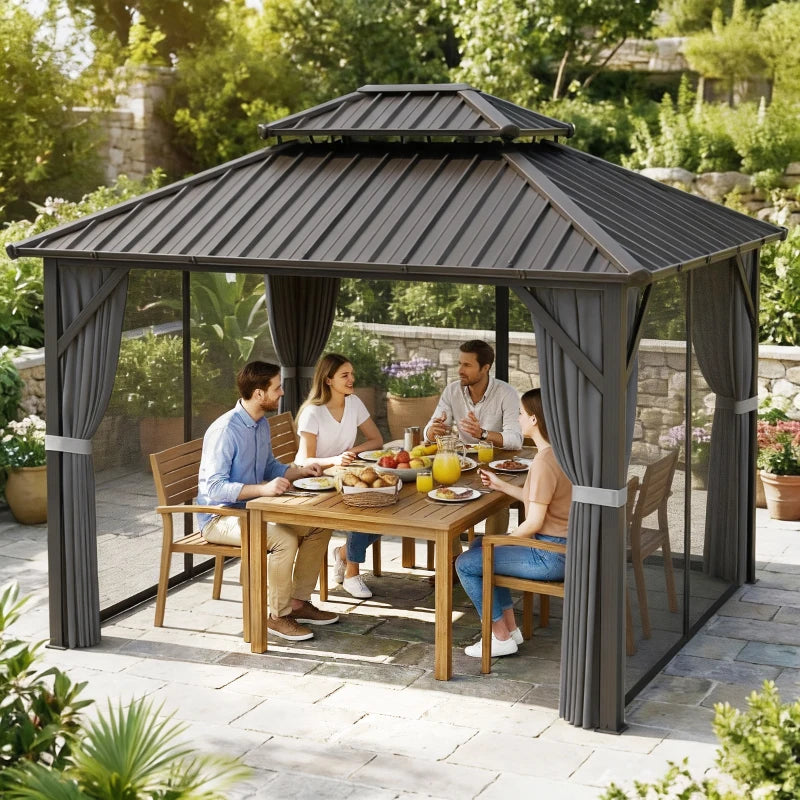 10' x 12' Hardtop Patio Gazebo with Double Galvanized Steel Roof and Aluminum Frame, Outdoor Permanent Gazebo, Dark Grey