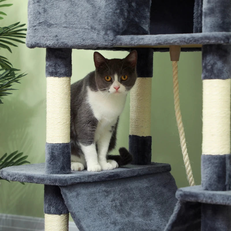 81" Large Cat Tree w/ Scratching Posts, Condos, Beds, Hammocks, Jumping Platforms, Toy Balls, Rope Cat Toy, Dark Grey