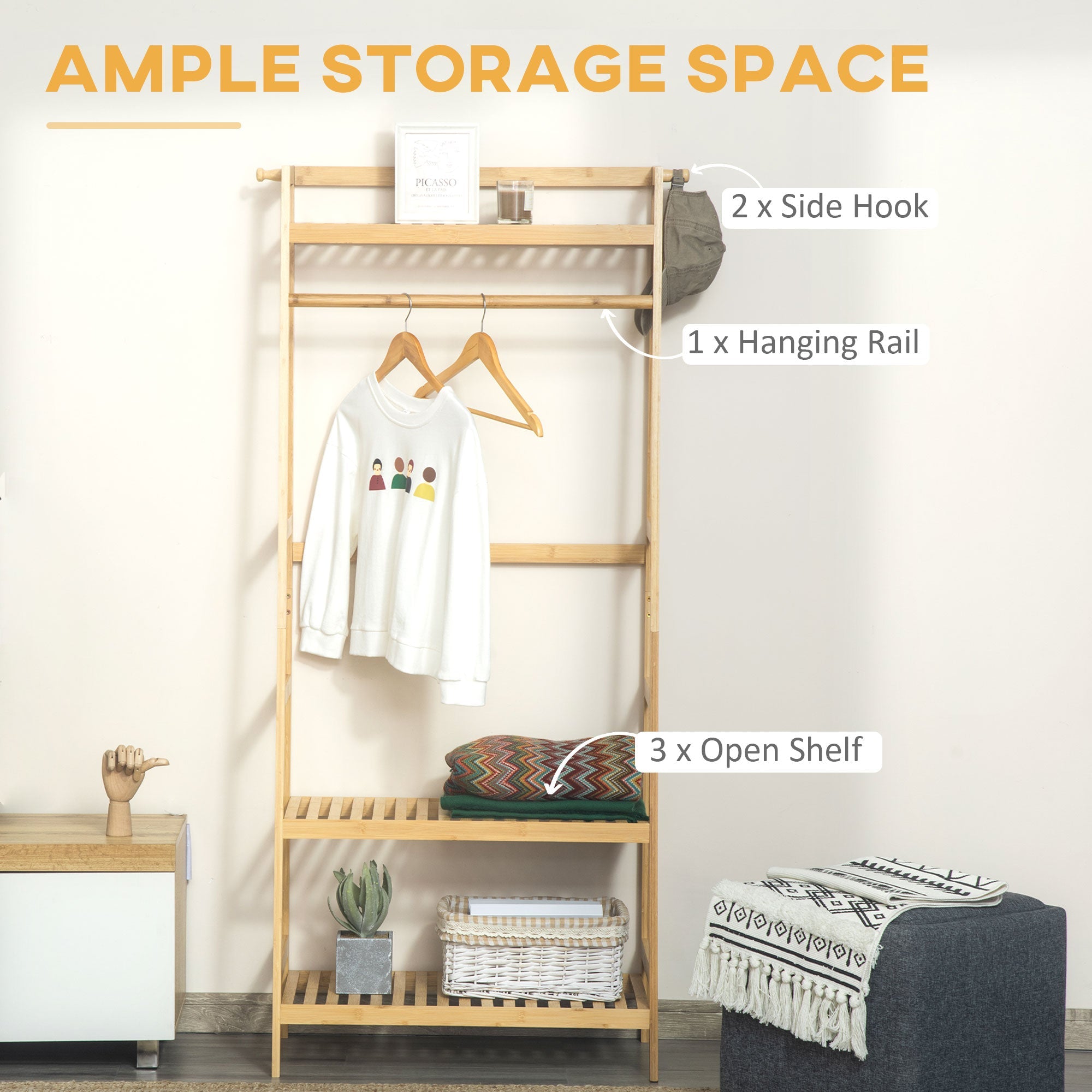 HOMCOM Freestanding Bamboo Garment Rack with 3 Tier Storage Shelves Hooks Hanging Rail for Clothes Natural
