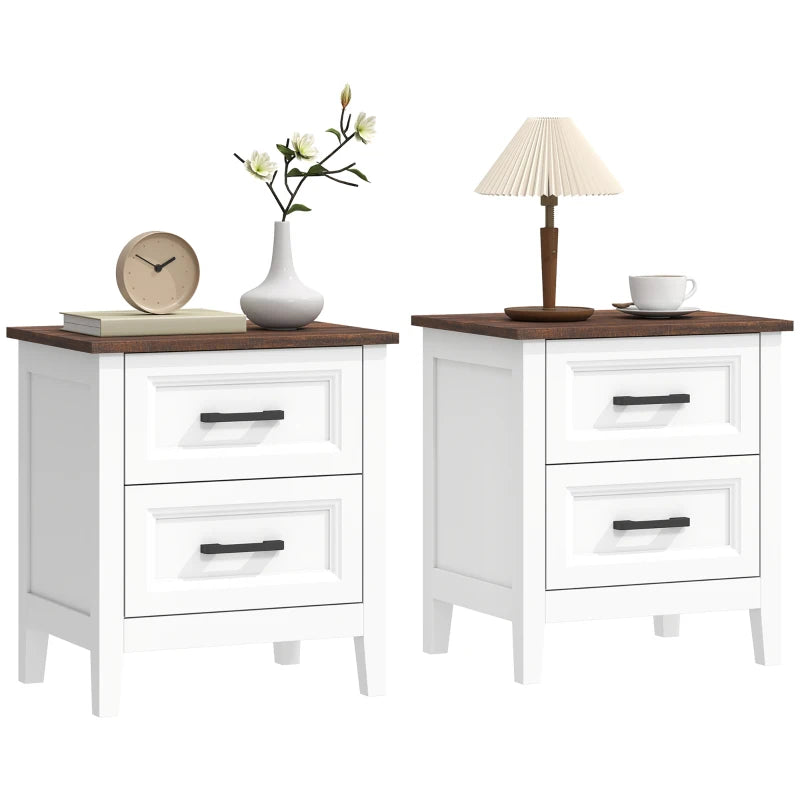 HOMCOM Farmhouse Nightstand Set of 2 with 2 Drawers, Wood-Effect Top Bedside Tables for Bedroom & Living Room – White