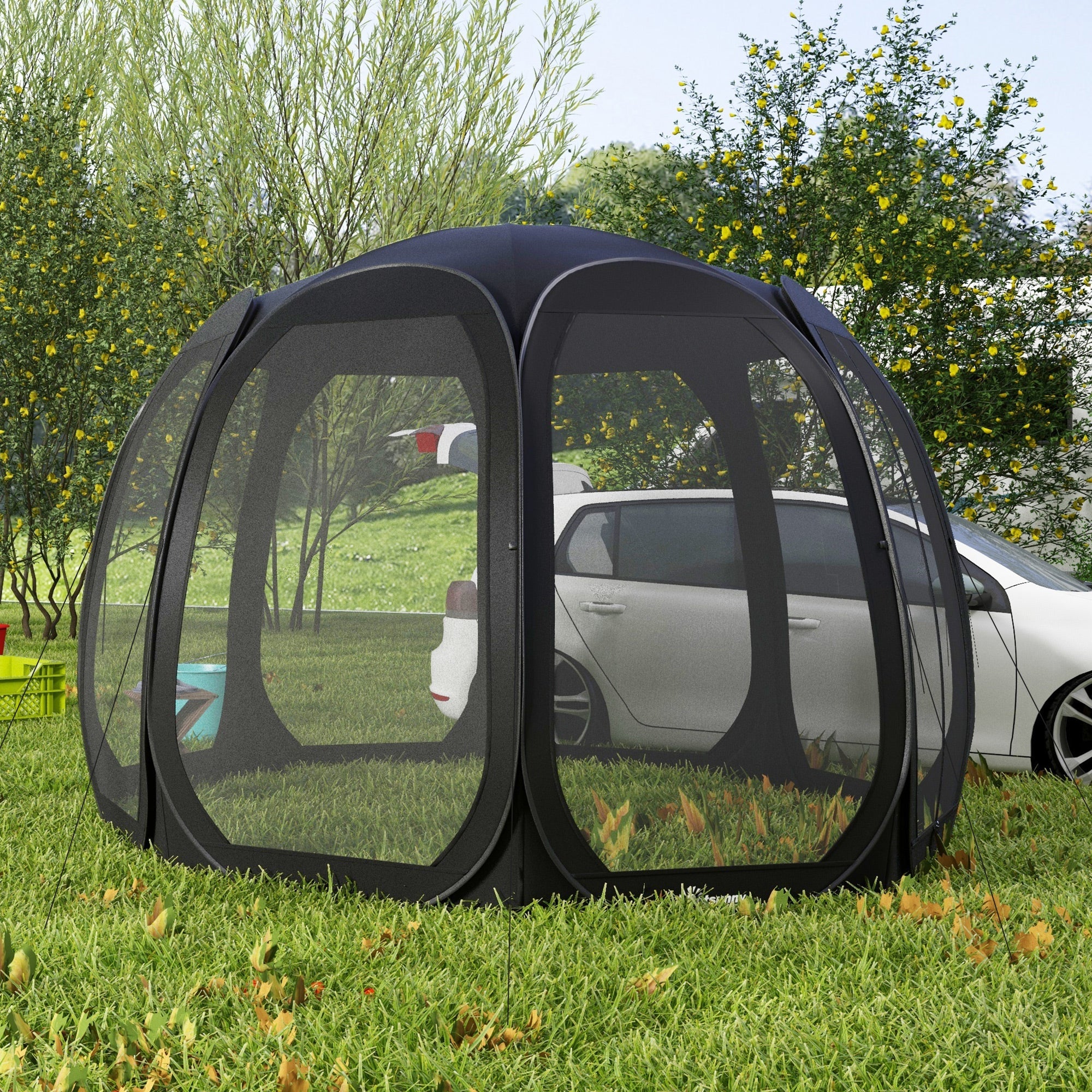 Outsunny 11' x 11.5' Screen Tent, Pop Up Camping Gazebo with Portable Carry Bag and 2 Doors, Black