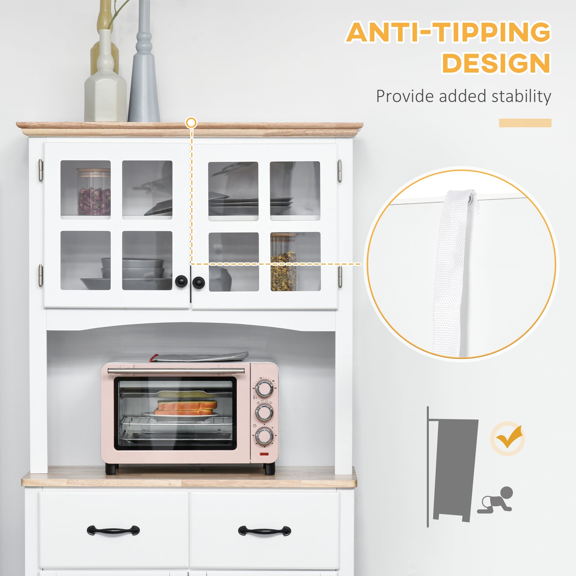 HOMCOM 68" Traditional Kitchen Pantry Storage Cabinet Cupboard Buffet Hutch Wooden Framed Glass Door Freestanding