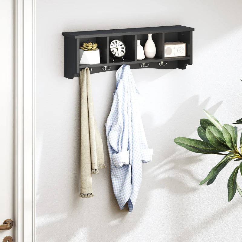 Coat Rack Wall Mount with Shelf, 28" Wall Coat Rack with 5 Hooks and 4 Compartments for Living Room, Entryway, Black