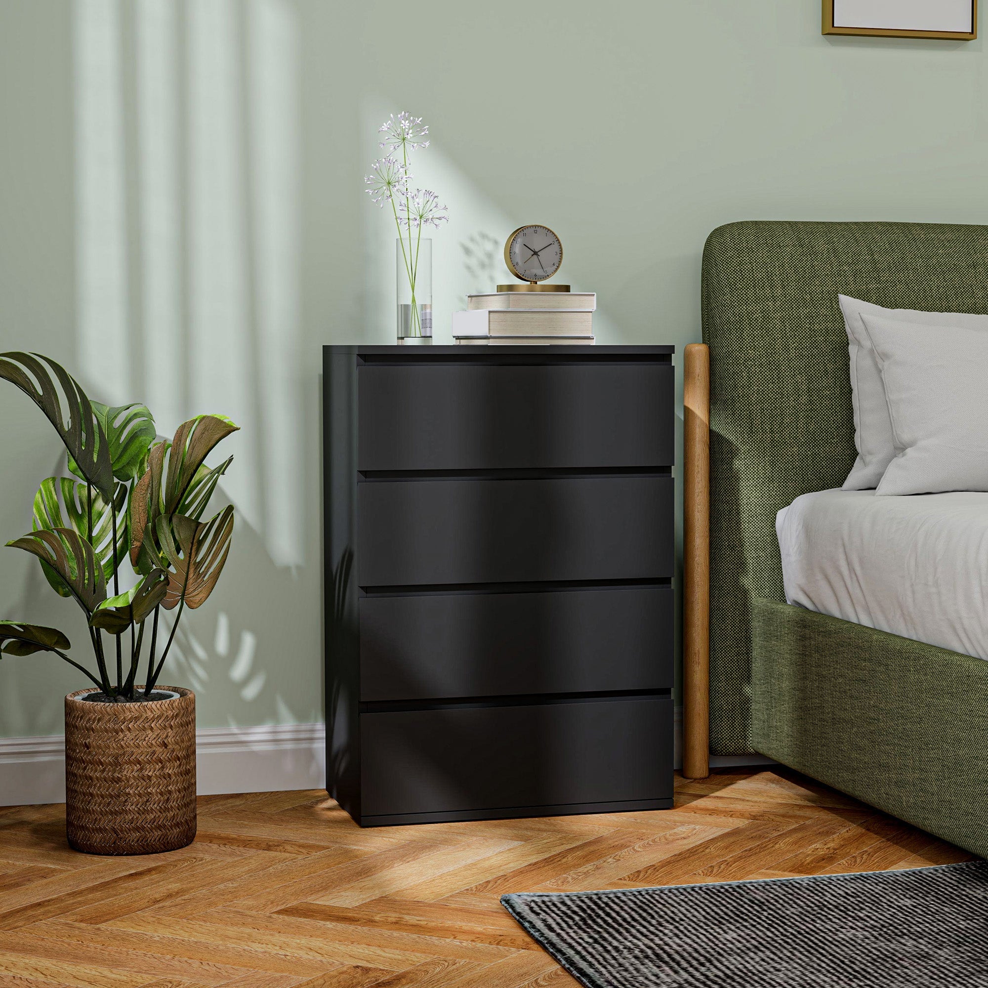HOMCOM 4-Drawer Storage Tower: Freestanding Cabinet for Bedroom, Living Room Organization, Sleek Black Finish